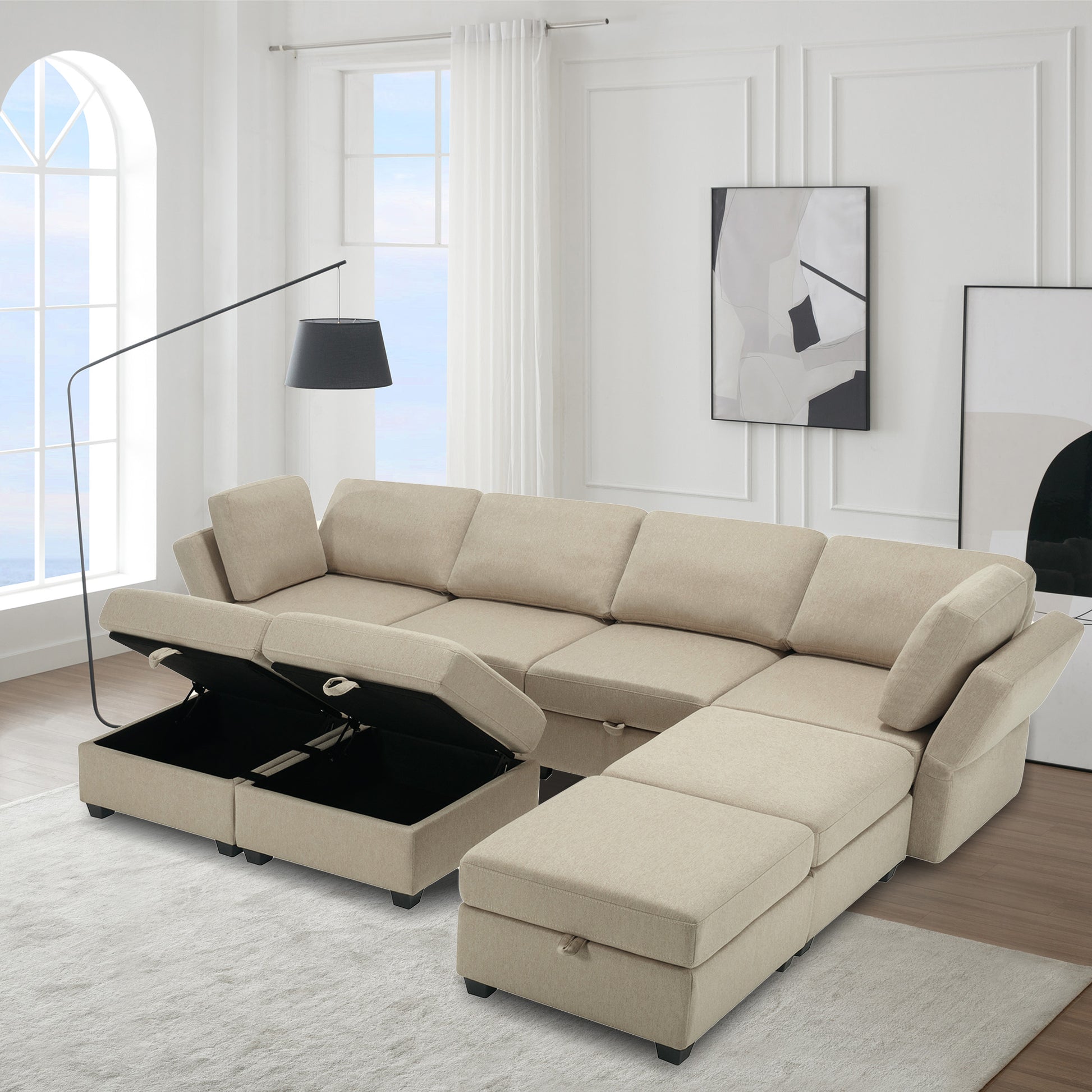 Adjustable Arms And Backs Sectional Sofa, Modern Sectional Couch U Shaped Sofa Couch With Storage Ottoman, Sofa With Convertible Chaise Beige Beige Polyester 4 Seat