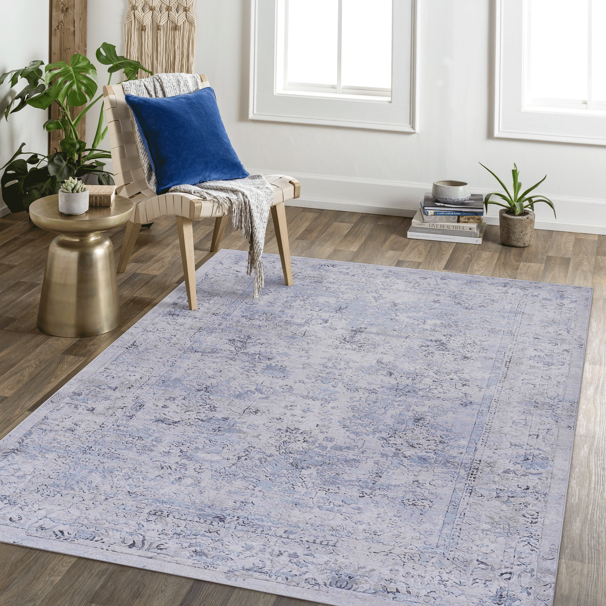 8X10 Area Rug, Washable Rug, Low Pile, Non Slip, Non Shedding, Foldable, Kid & Pet Friendly Area Rugs For Living Room, Bedroom, Kitchen, Dining Room Rug Perfect Gifts, Blue Cream, 8' X 10' Blue Cream Chenille Polyester