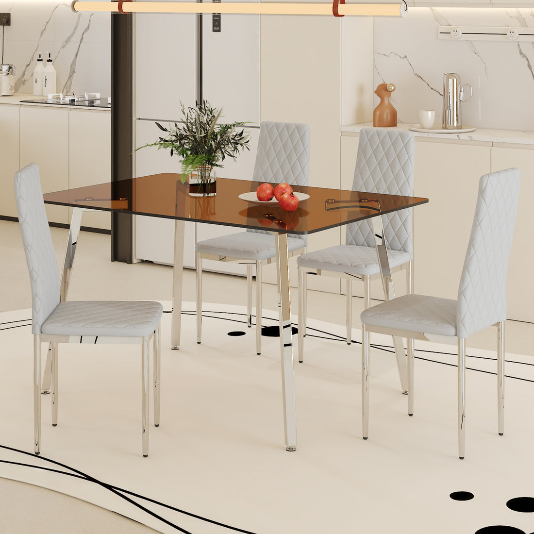 Table And Chair Set.Large Modern Rectangular Table With Brown Glass Top And Silver Metal Legs. Paired With 4 Light Gray Chairs With Checkered Armless High Back Pu Cushion And Silver Metal Legs. Light Gray,Silver Seats 4 Glass Metal