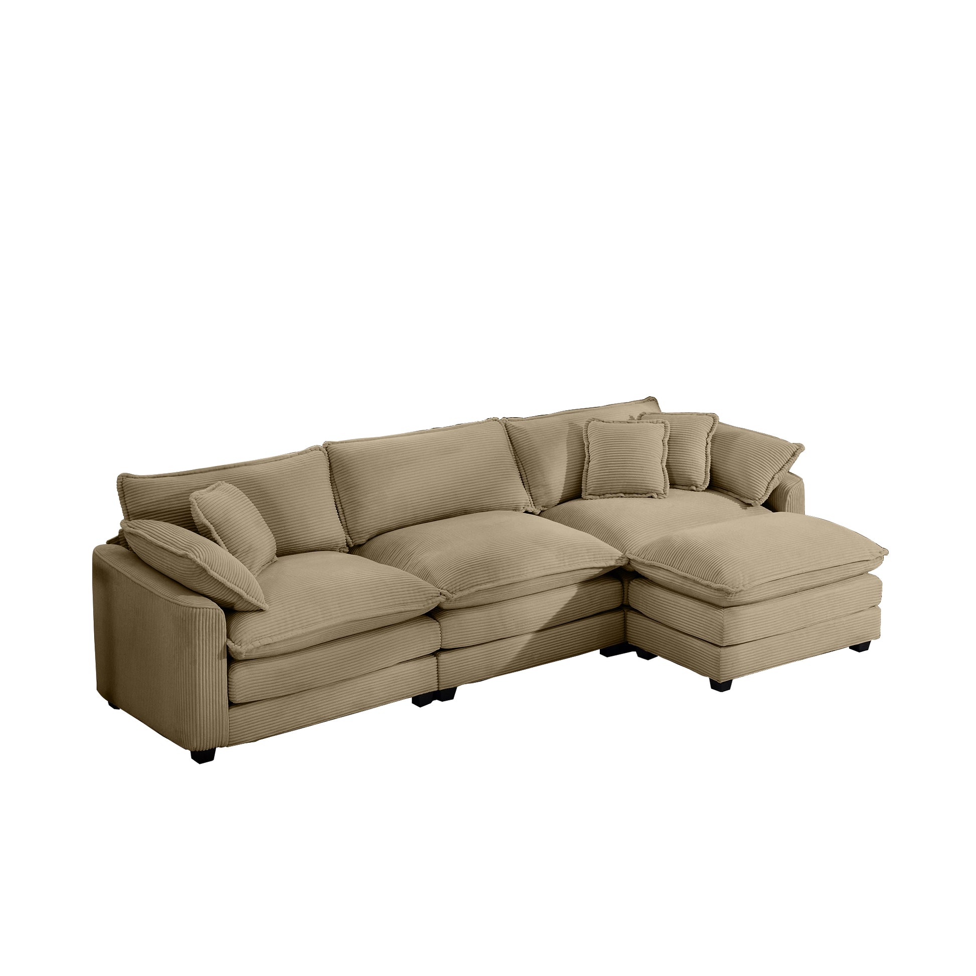 Corduroy 3 Seater Sofa With 1 Footrest, L Shaped Double Sofa With Ottoman For Small Living Rooms, Tan Corduroy Sofa Tan Corduroy 3 Seat