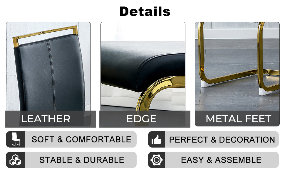 Table And Chair Set,Modern Minimalist Rectangular Dining Table, 0.4 Inch Thick, With A Black Imitation Marble Pattern Glass Desktop And Black Mdf Legs. Comfortable Pu Seats,Perfect For Dinner, Meet Black Seats 4 Mdf Glass