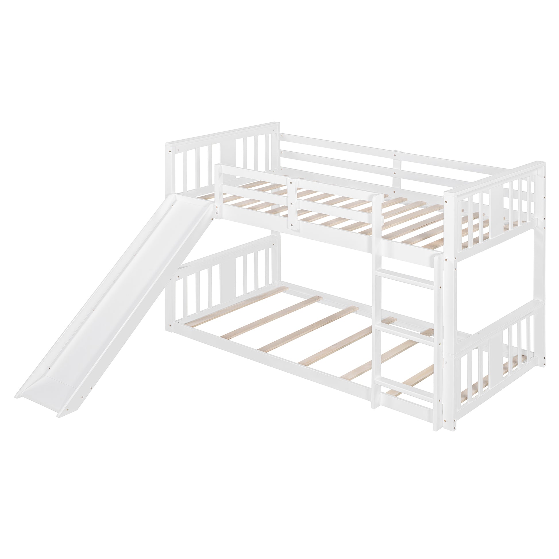 Twin Over Twin Bunk Bed With Slide And Ladder, White Old Sku:Lt000108Aak Twin White Plywood