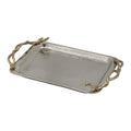16 Inch Rectangular Decorative Tray, Branch Design Handles, Silver, Gold Silver Aluminium
