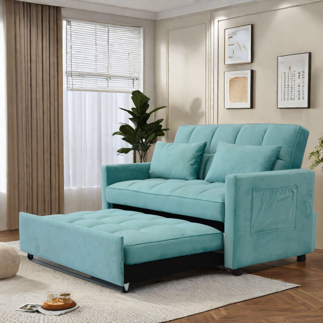 55.2" Velvet Two Seater Pull Out Sofa Bed, Adjustable Backrest With Three Usb Ports, Two Side Pockets, 3 In 1 Convertible Sleeper Sofa Bed, Modern Beautiful Seat Lounge Sofa For Living Room, Peacock Blue Brown Wood Primary Living Space Heavy Duty Pine 2