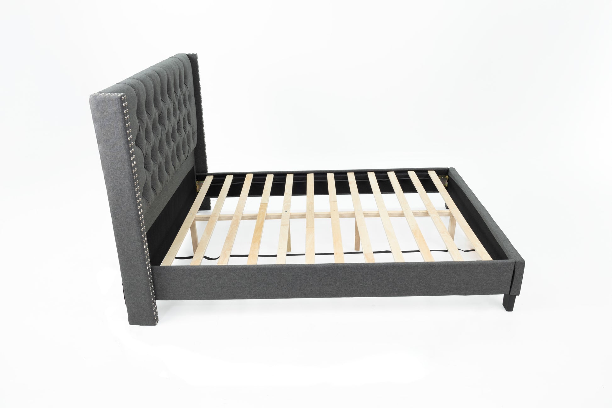 Queen Bed In Blue Gray Box Spring Not Required Queen Gray Fabric