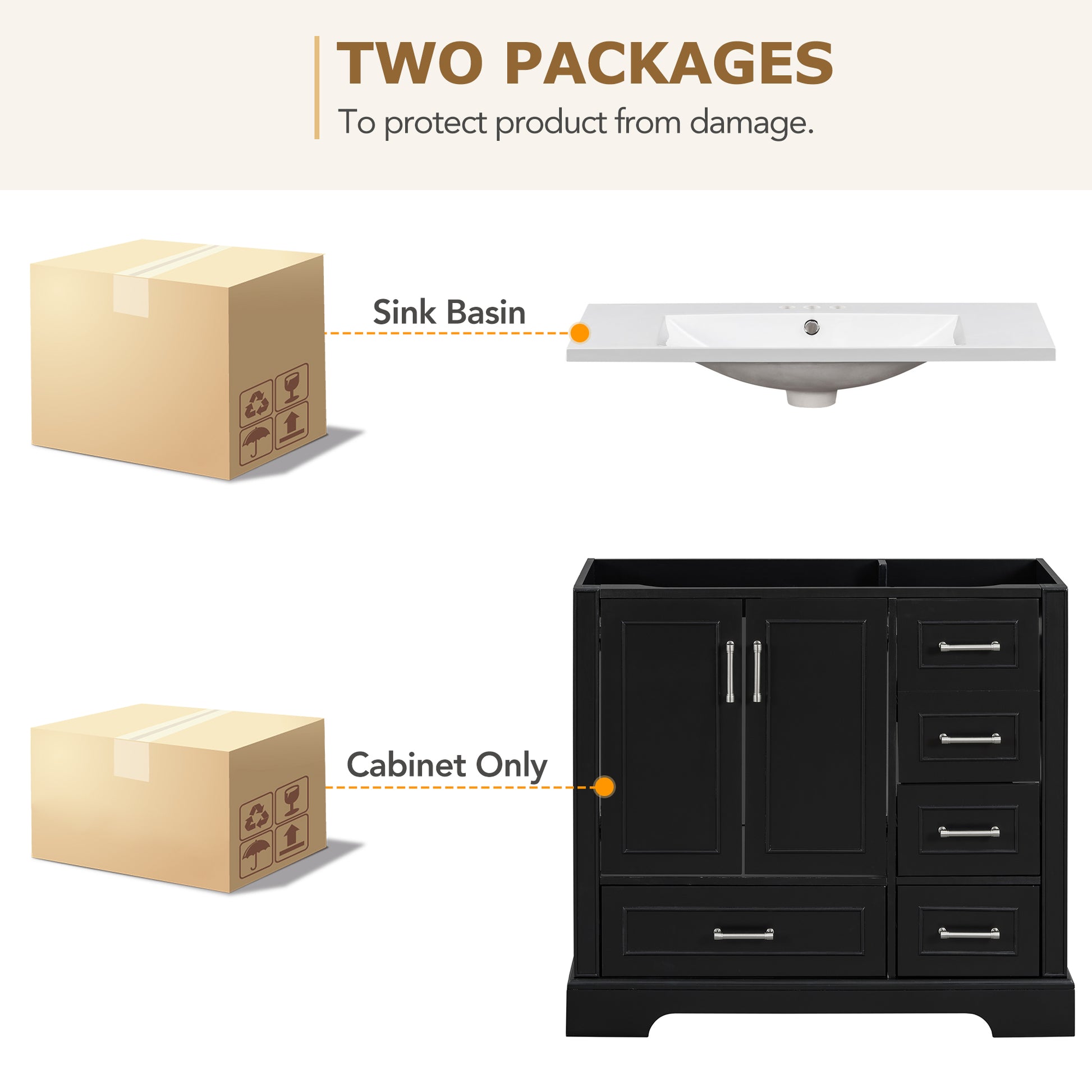 36 Inch Traditional Bathroom Vanity With Resin Sink Combo Set, Black Bathroom Cabinet With Two Doors And Four Drawers Black Bathroom Solid Wood Mdf Resin