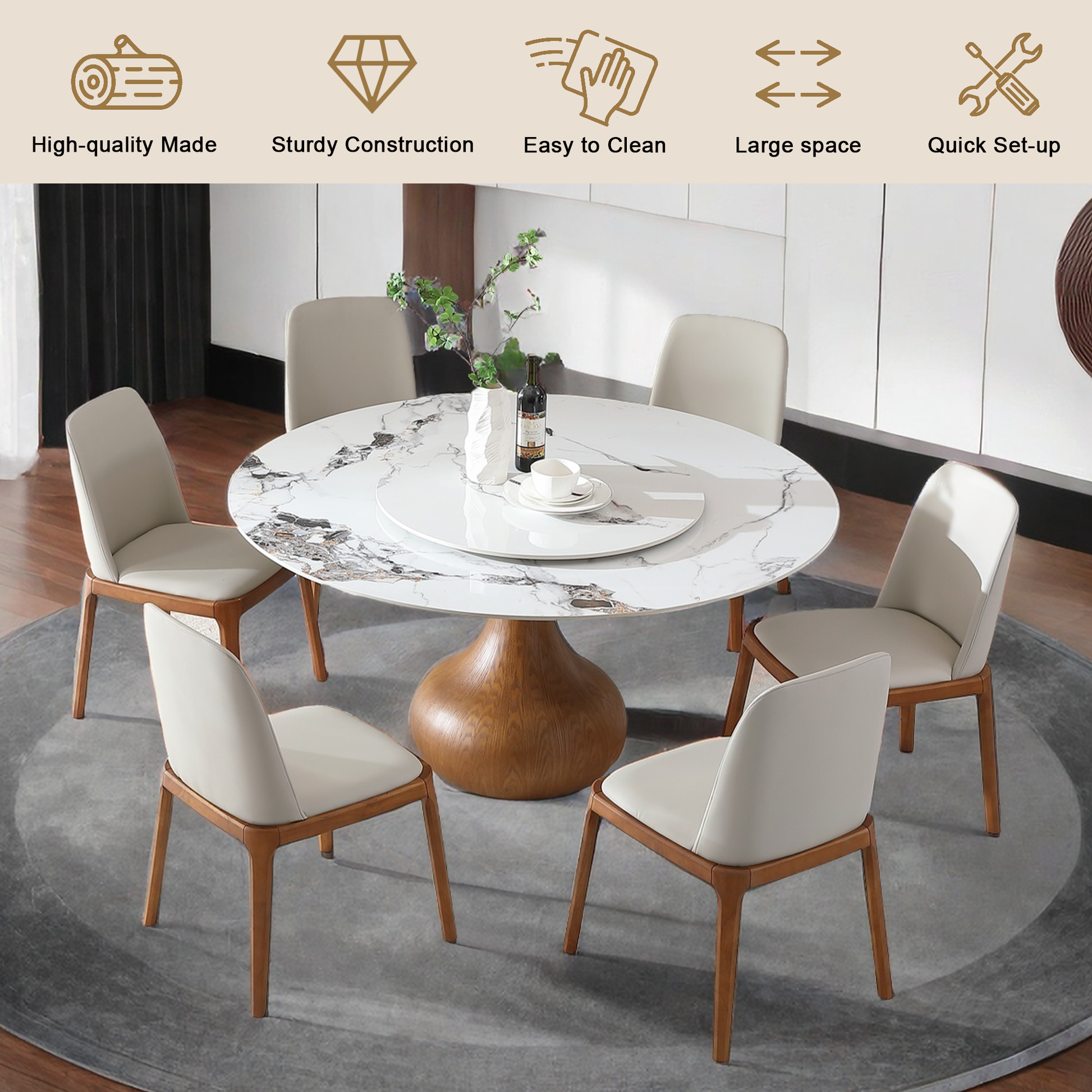 Modern Marble Dining Table, 59" Round Sintered Stone Table For Dining Room, Kitchen, Dinette, Compact Space With Lazy Susan 6 Chairs Walnut,White Dining Room American Design,Luxury,Modern Oak Round