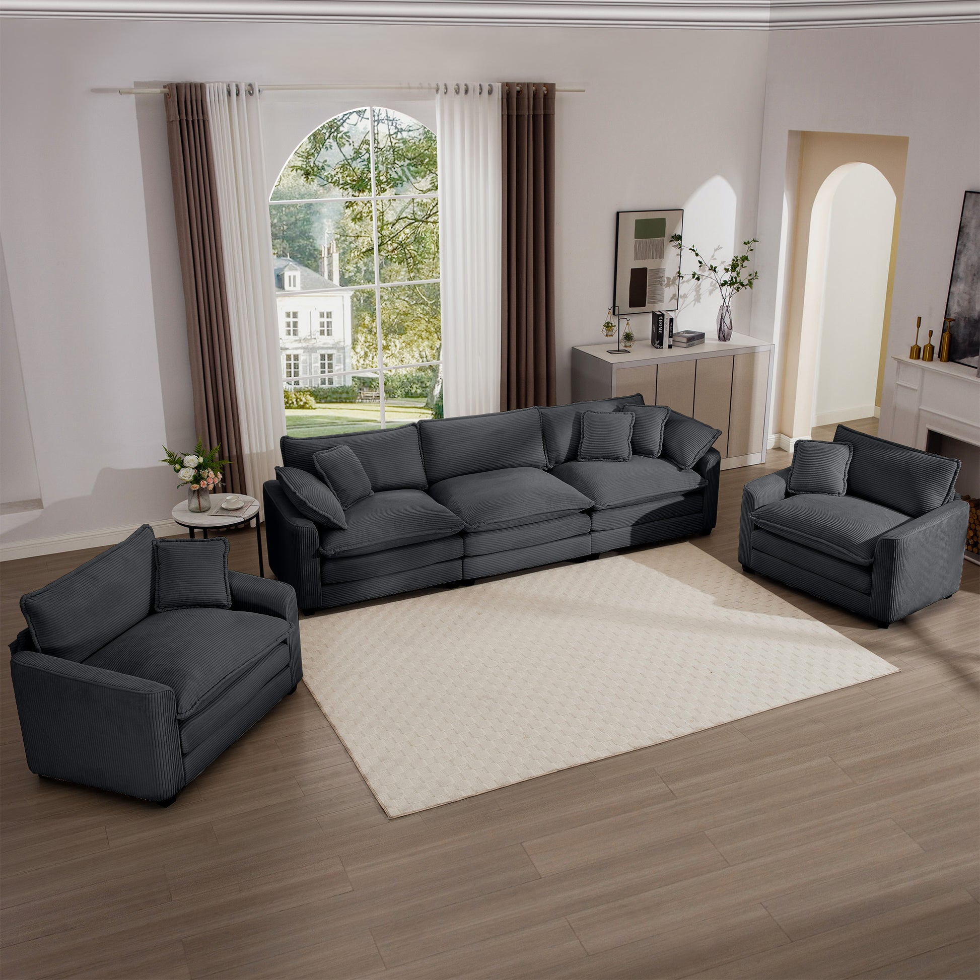 Luxurious And Sophisticated Sofa Set With Soft Cushions And Pillows, Home For Living Rooms And Clubs As Well As Home Theaters, Consisting Of Two Single Sofas And A 3 Seater Sofas In Grey Corduroy Fabr Grey Corduroy 5 Seat