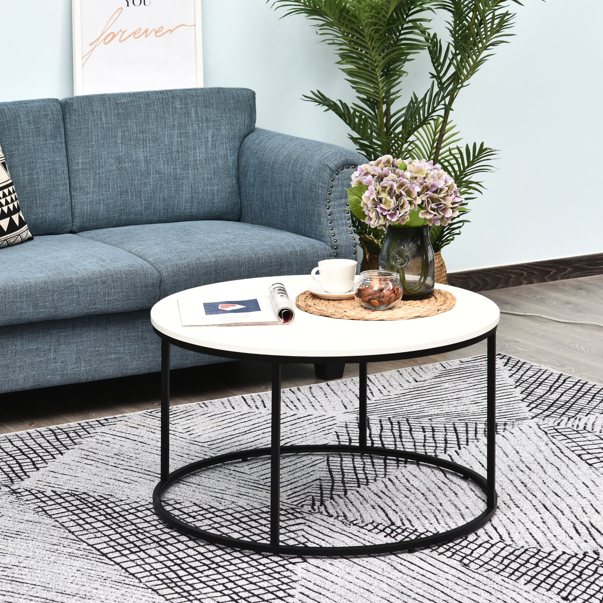 Homcom Round Coffee Table, 32 In Modern Center Table With Black Metal Frame, Coffee Tables For Living Room, White White Metal