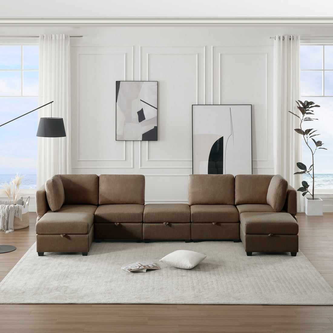 Free Combinations Storage Functional Modular Sectional Sofa With Thick Seat And Back Cushions Brown Polyester 4 Seat