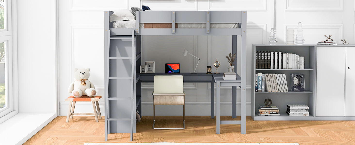 Full Size Loft Bed With Desk And Shelf Gray Full Gray Solid Wood