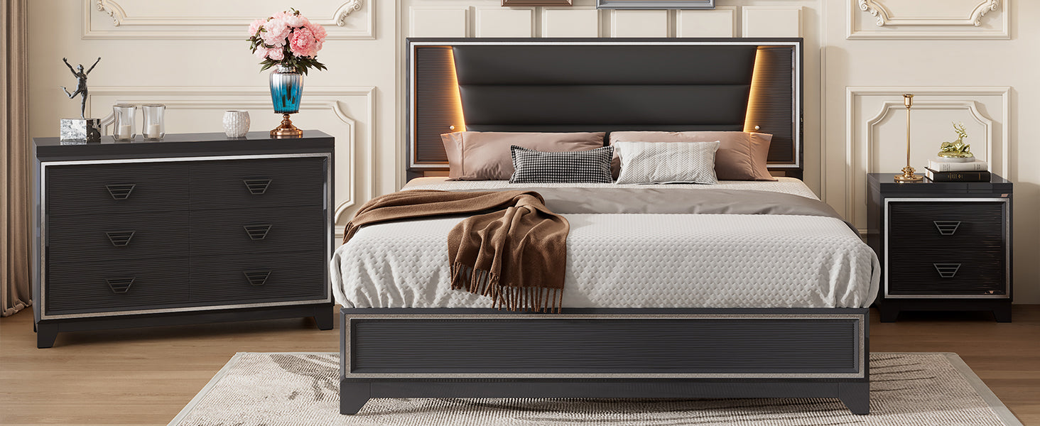 3 Pieces Bedroom Sets Queen Size Upholstered Bed With Led Lights, Nightstands And Dresser With Metal Handles And Sparkling Shiny Decoration, Black Queen Black 3 Piece Set Mdf Metal