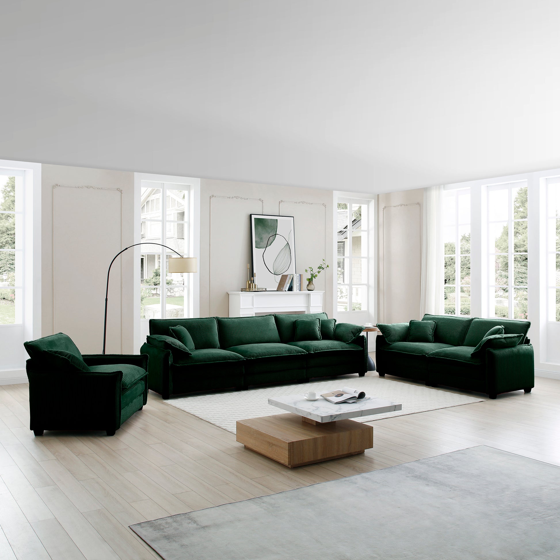3 Piece Comfortable Oversized Sectional Sofa, One Single Sofa And One 2 Seater Sofa And One 3 Seater Sofa ,Green Corduroy Deep Seat Sofa Green Corduroy 6 Seat