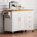 K&K 52'' Kitchen Island With Drop Leaf, Embossed Texture Kitchen Island On Wheels With Spice Rack, Towel Rack, 2 Doors And 5 Drawers, Kitchen Storage Cart With Adjustable Shelf For Kitchen, White