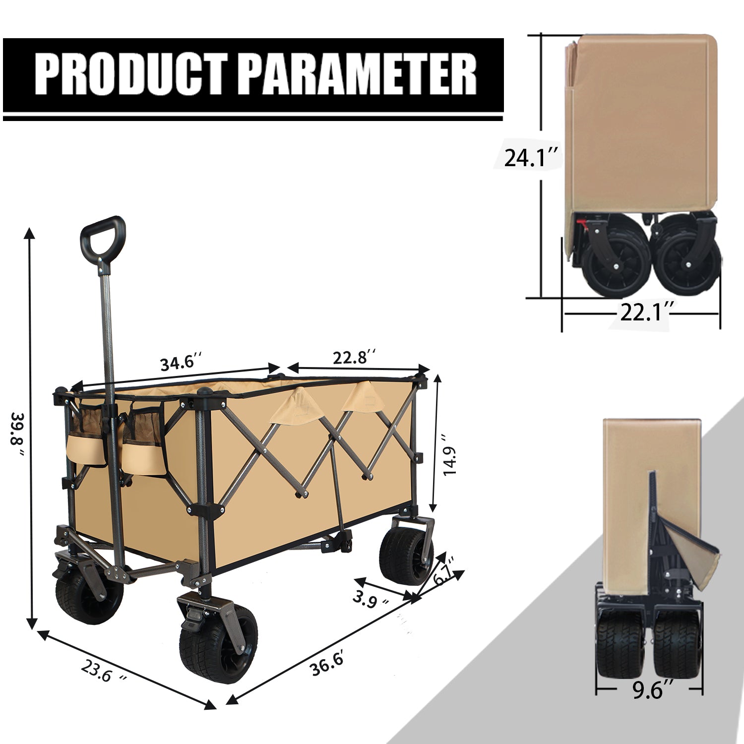 Collapsible Folding Wagon, Push Pull Foldable Beach Wagon Cart Grayish Brown Steel