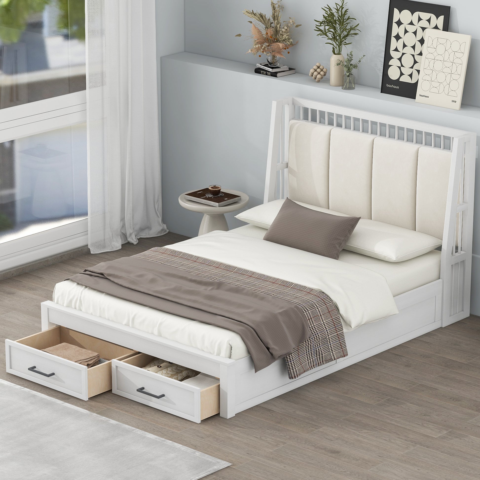 Full Size Wood Platform Bed With Upholstered Headboard And 2 Drawers, White Box Spring Not Required Full White Wood Bed Frame Solid Wood Mdf