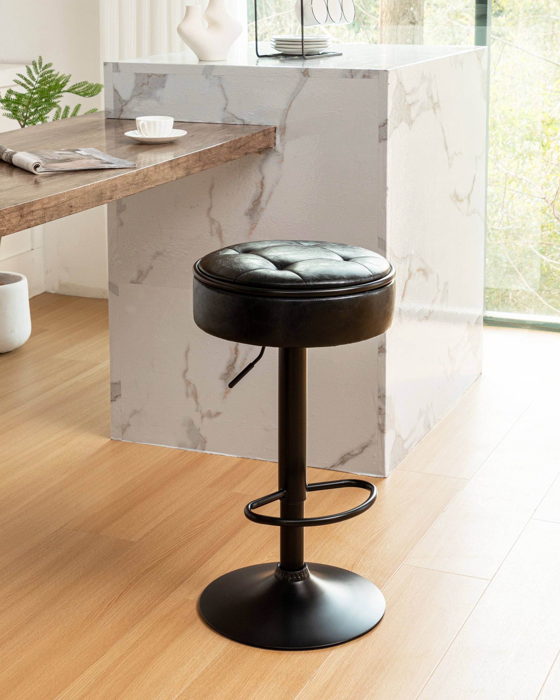 Round Storage Bar Stool Set Of 2, Black Faux Leather Height Adjustable Barstool, 360 Counter Height Swivel Stool, Armless Bar Chair With Metal Frame For Kitchen Counter Dining Living Room Black Set Of 2 Foam Pu Leather