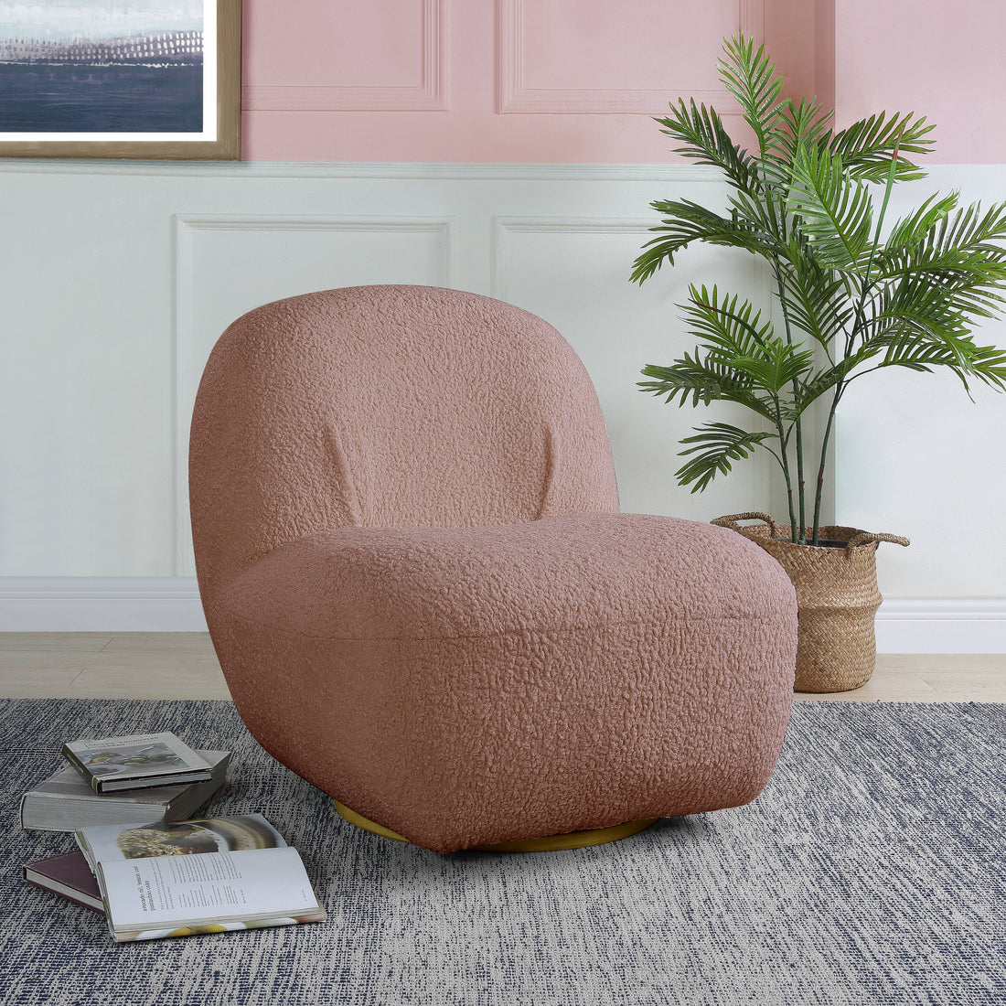 Pink Swivel Accent Chair Pink Primary Living Space Modern Wood Fabric