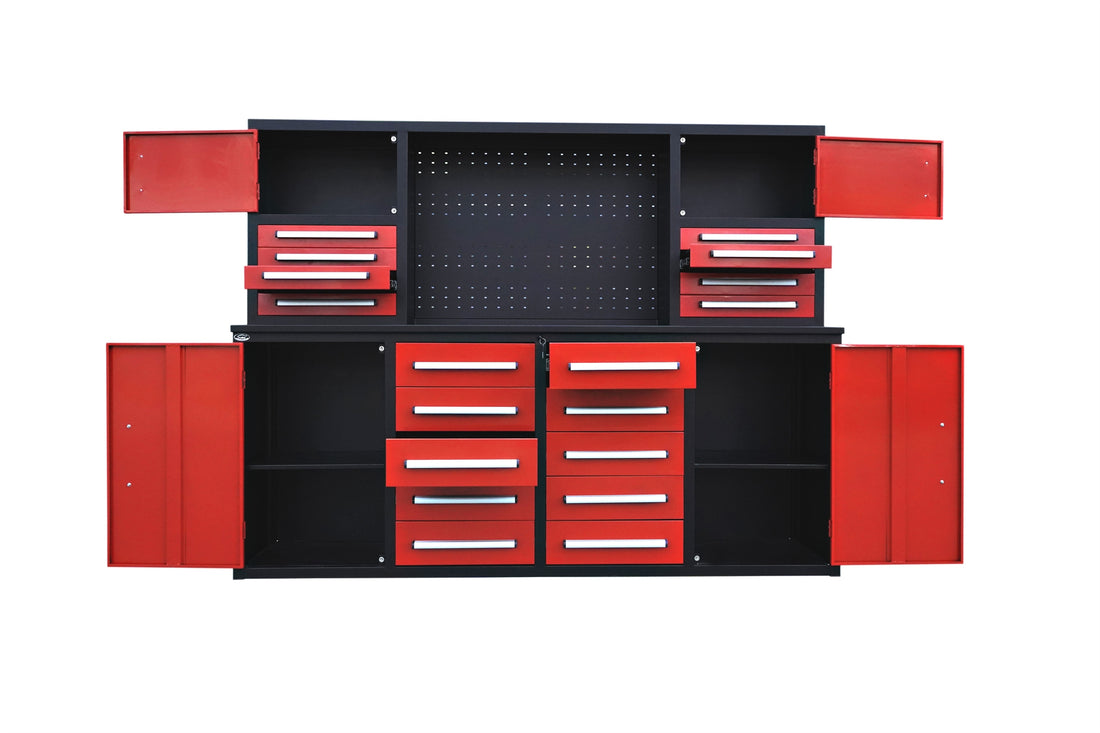 7' Garage Storage Cabinet With Workbench 18 Drawers & 4 Cabinets & Pegboard Red Steel