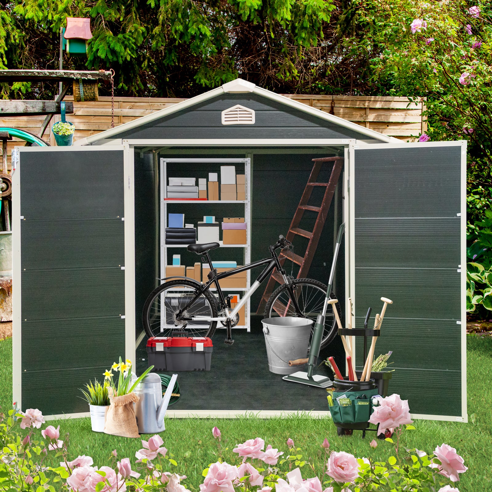 6X8Ft Resin Outdoor Storage Shed Kit Perfect To Store Patio Furniture,Black Black Plastic