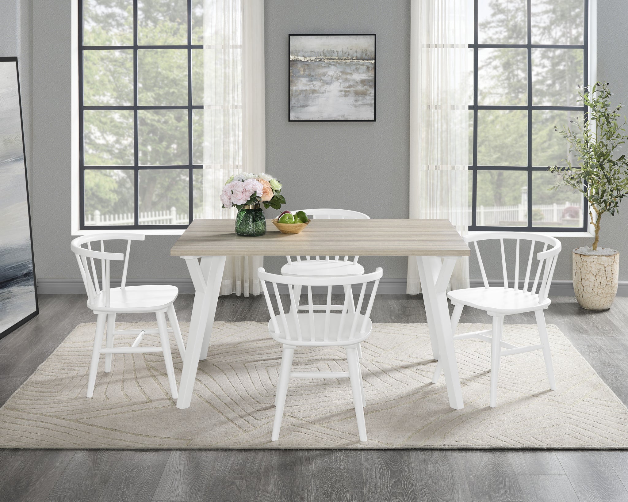 Roundhill Alwynn White And Natural Wood 5 Piece Dining Set, Dining Table With 4 Windsor Chairs Wood Wood Brown Antique White Seats 4 Wood Dining Room Fixed Table Rectangular 4 Leg Rectangular Dining Table With Chair Mdf