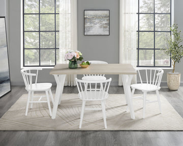 Roundhill Alwynn White And Natural Wood 5 Piece Dining Set, Dining Table With 4 Windsor Chairs Wood Wood Brown Antique White Seats 4 Wood Dining Room Fixed Table Rectangular 4 Leg Rectangular Dining Table With Chair Mdf
