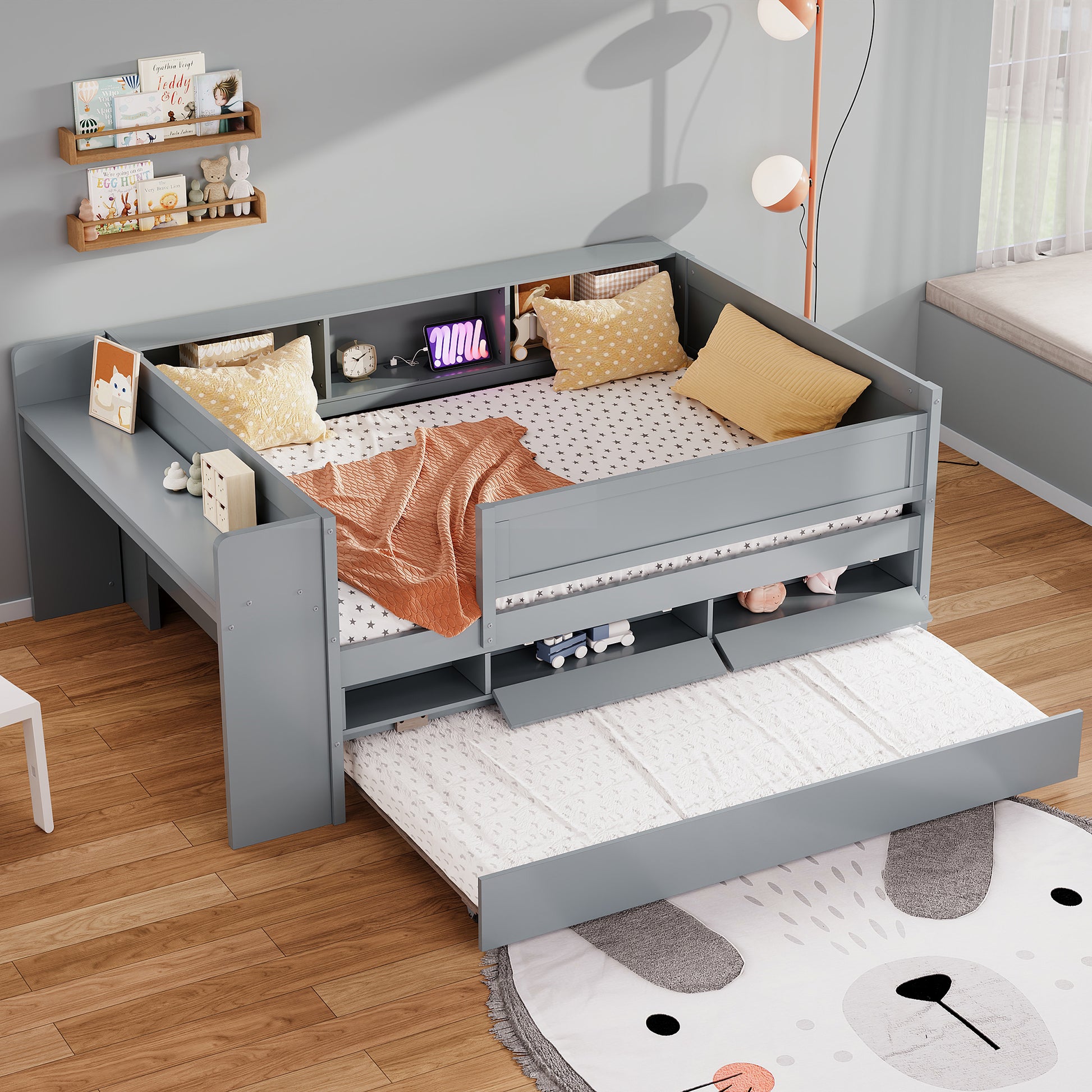 Multi Functional Twin Daybed With Drawers And Trundle, Headboard Storage And Tables, Usb Charging Station, Gray Box Spring Not Required Twin Gray Wood Daybeds Pine