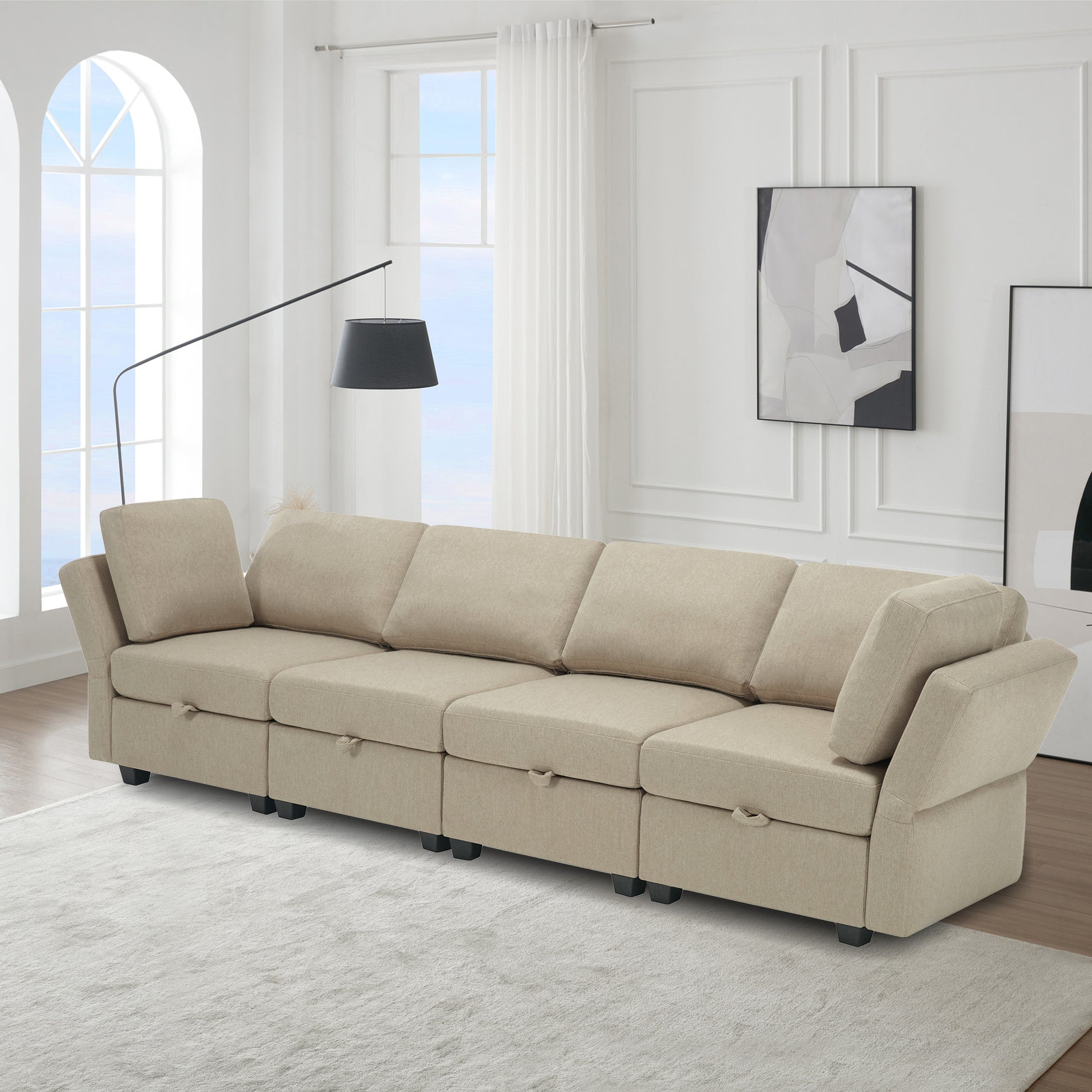 Fabric Modern Modular Sofa Couch With Storage Seats Modular Sectional Sofa 4 Seater Modular Couch For Living Room Beige Beige Polyester 4 Seat