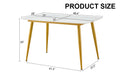 Modern Minimalist Dining Table. White Imitation Marble Patterned Stone Burning Tabletop With Golden Metal Legs. 50 