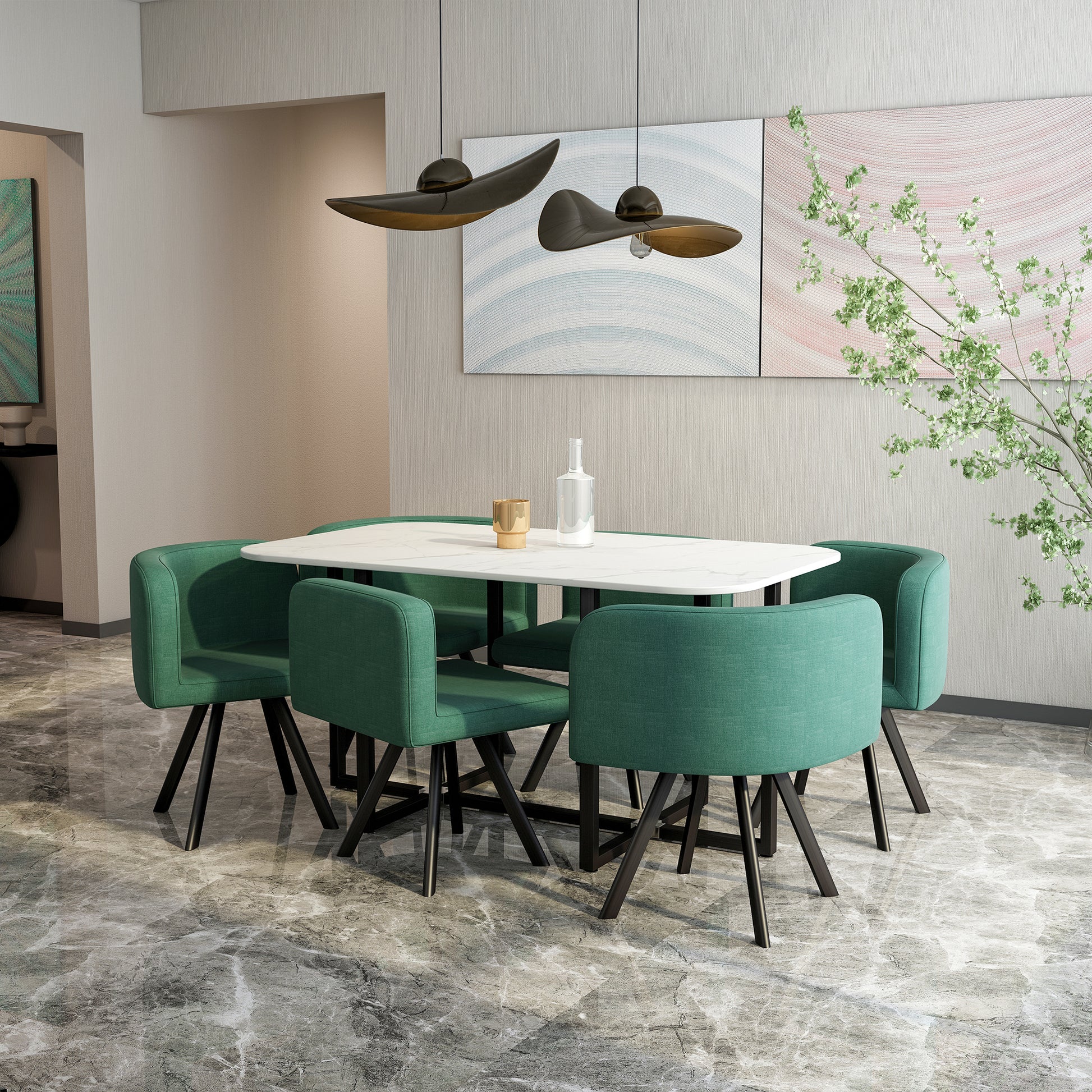 Modern 7 Pieces Dining Table Set, Rectangle Dining Table With 6 Chairs For Dining Room, Kitchen Green Fabric