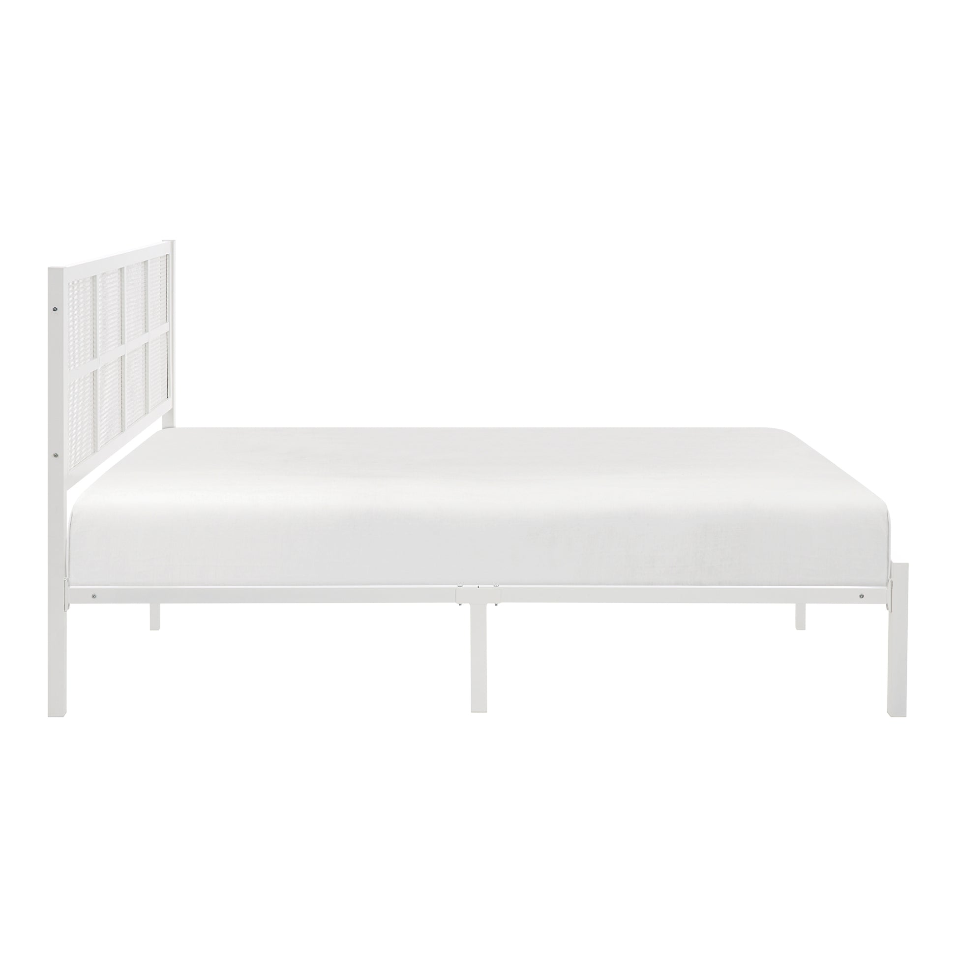 1Pc Full Platform Bed, Metal Frame White Finish Faux Cane Panel Headboard Casual Coastal Bedroom Furniture, Bed In A Box Box Spring Not Required Full White Metal Bedroom Casual,Coastal Metal