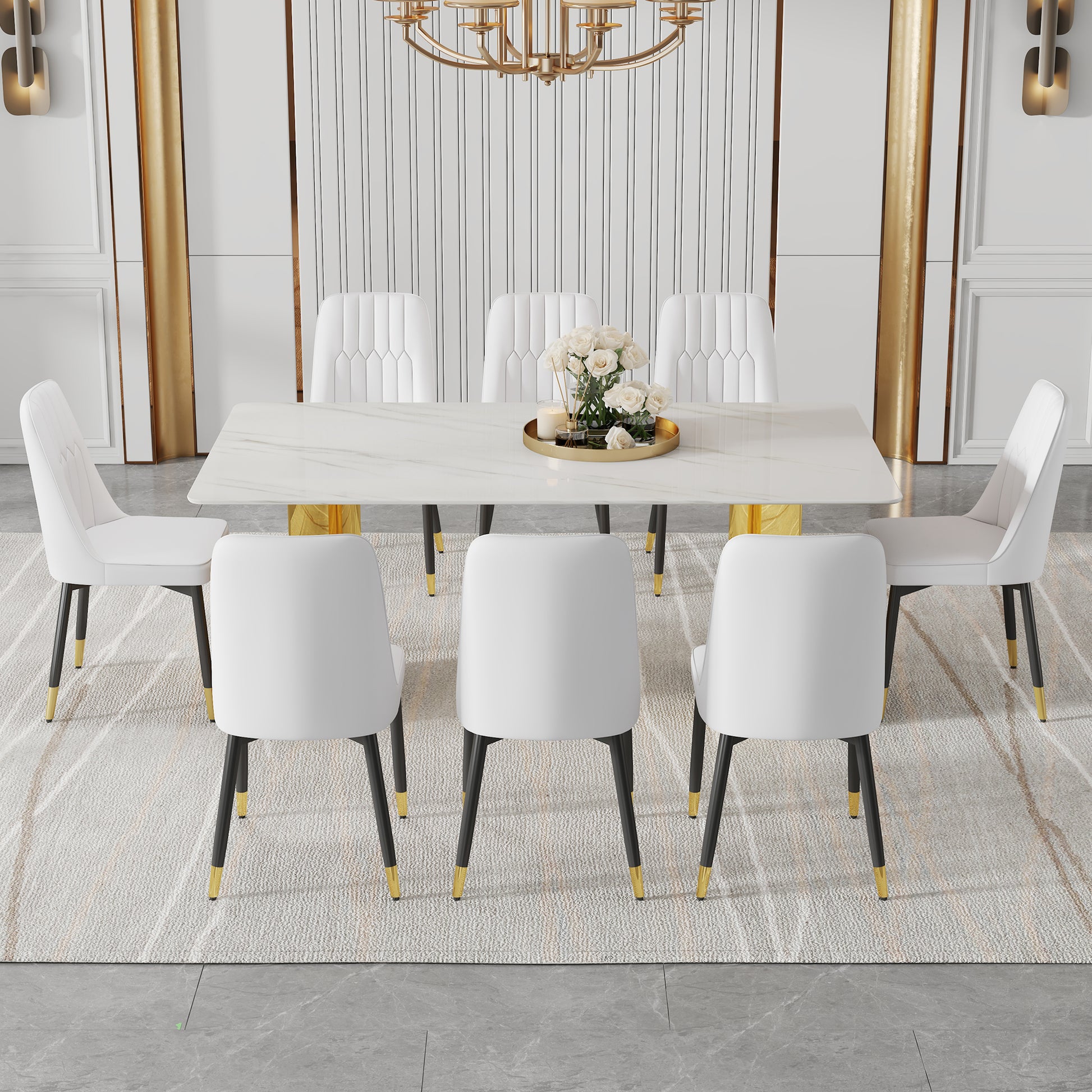 Table And Chair Set.The Table Has A Glass Top With Imitation Marble Pattern Stickers And Stainless Steel Golden Legs. Paried With Chairs With Pu Artificial Leather Backrest Cushions And Black Legs. White Gold Seats 8 Glass Metal