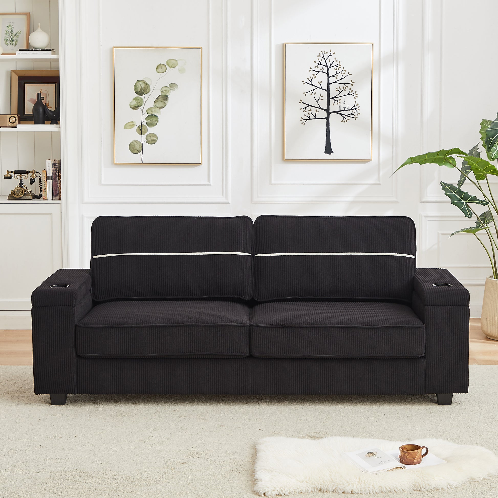 86.5 Inch Sofa Couch Deep Seat Sofa With Two Storage Spaces, T Pyce Charging Portsusb Charging Ports & 2 Cup ,Corduroy 3 Seater Couch, Modern Sofas For Living Room Black Foam Corduroy 3 Seat