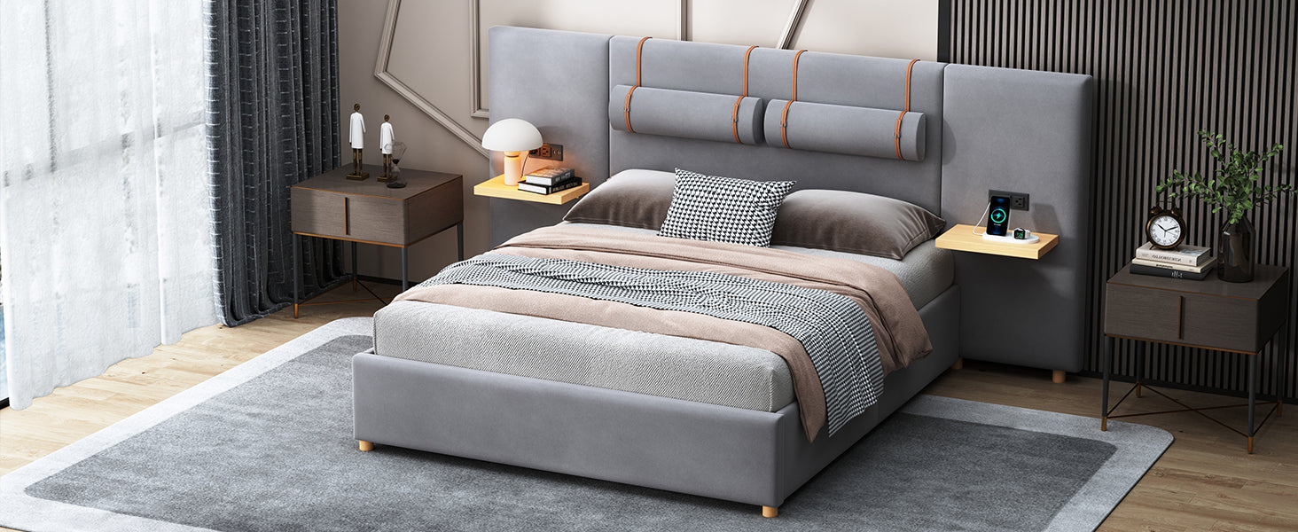 Queen Upholstered Platform Bed, Two Outlets And Usb Charging Ports On Both Sides, Two Bedside Pillows, Storage Shelves, Velvet,Gray Queen Gray Mdf Lvl