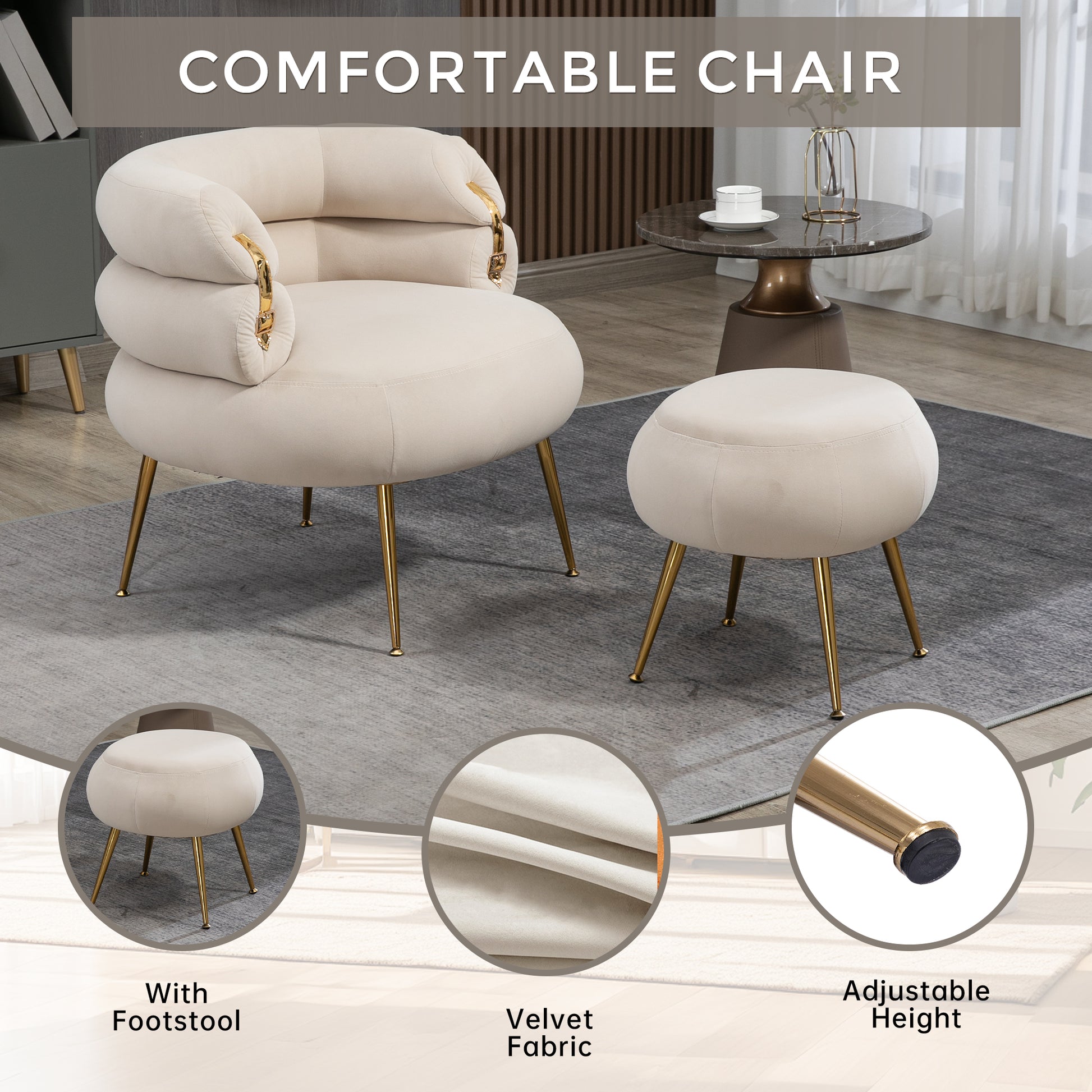 Coolmore Upholstered Velvet Barrel Accent Chair With Ottoman,Accent Comfy Lounge Arm Chair And Folding Footrest Stool Set,Single Sofa Armchair With Lounge Seat For Bedroom,Office Beige Beige Foam Velvet