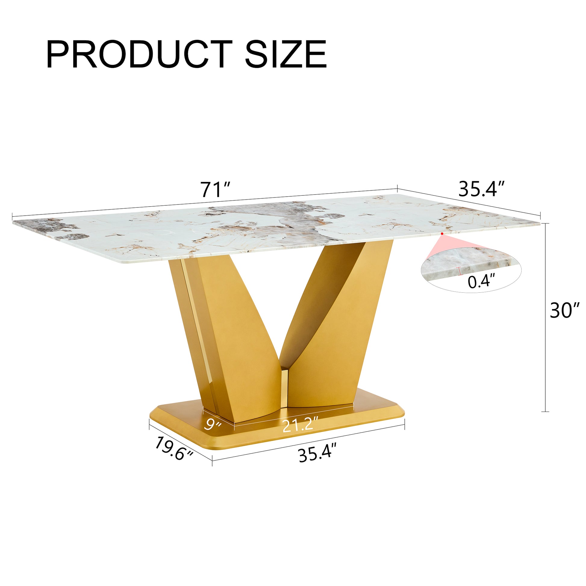 Modern Minimalist Rectangular Dining Table, 0.4 "Thick, Imitation Marble Patterned Glass Tabletop, Gold Mdf Legs. "71" * 35.4" *30" Gold Mdf Glass