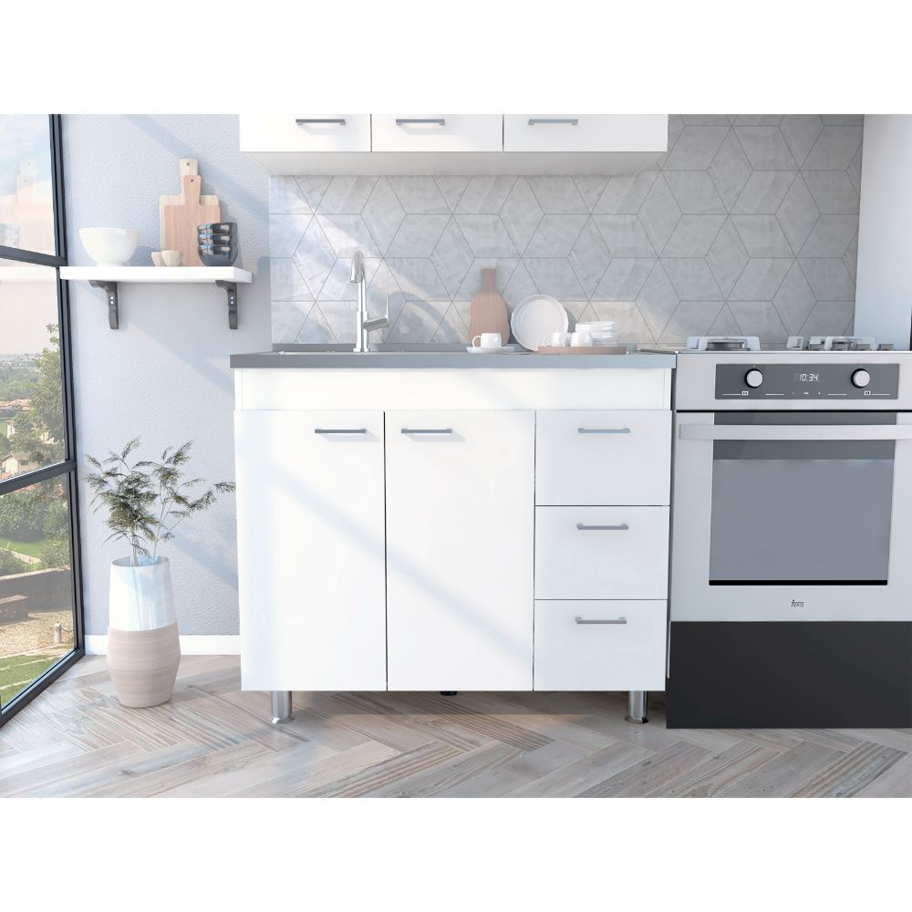 Base Double Door Cabinet, Three Drawers, White White Solid Wood Mdf Engineered Wood