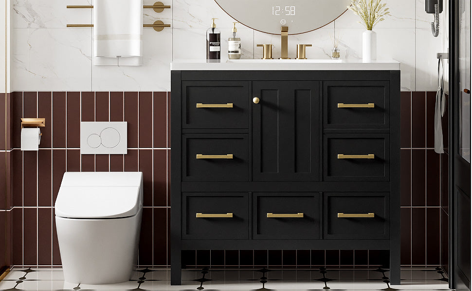36'' Bathroom Vanity With Resin Sink Combo, Solid Wood Frame Bathroom Storage Cabinet, Freestanding Vanity Set With 5 Drawers& Soft Closing Doors Same As N710S136002B Black Bathroom Solid Wood Mdf Resin
