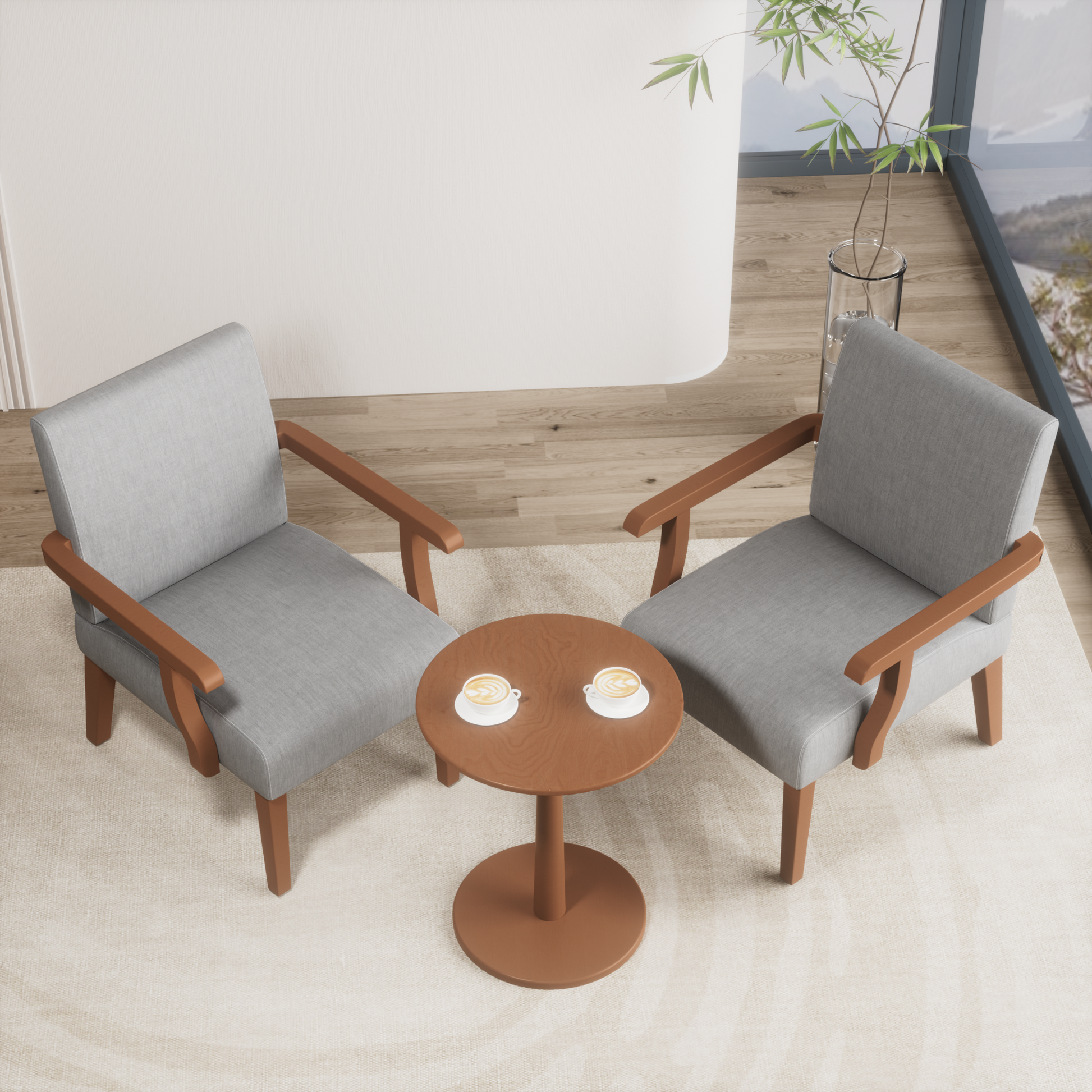 Fabric Accent Arm Chair Set Of 2 With Round Wood Table Light Gray Fabric