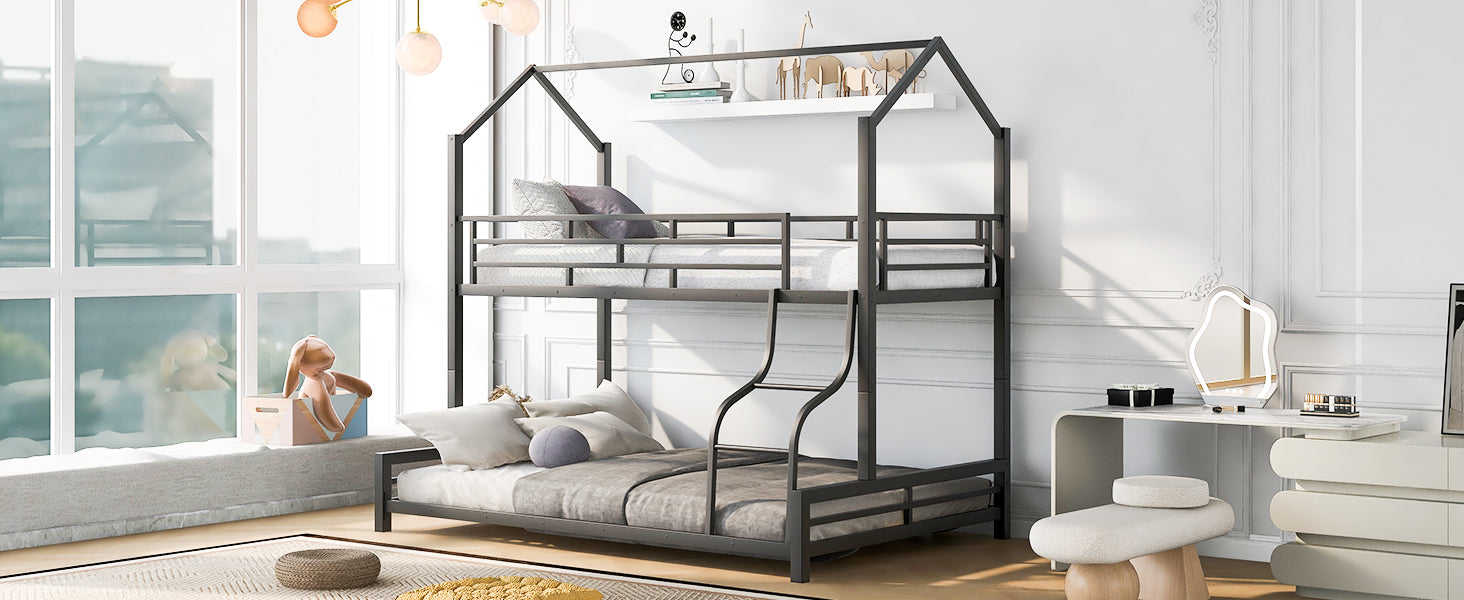 Metal House Bunk Bed, Twin Over Full, Black Full Black Metal