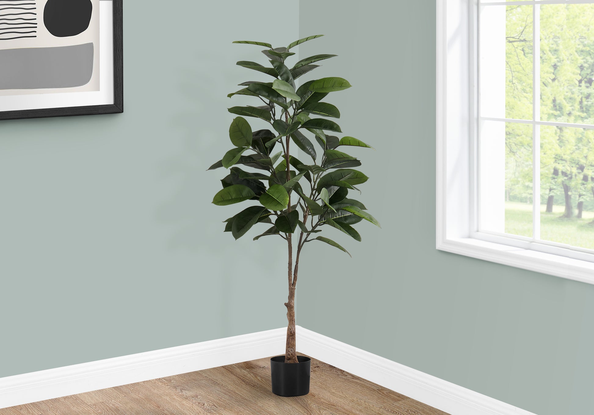 Artificial Plant, 52" Tall, Rubber Tree, Indoor, Faux, Fake, Floor, Greenery, Potted, Real Touch, Decorative, Green Leaves, Black Pot Green Foam Plastic
