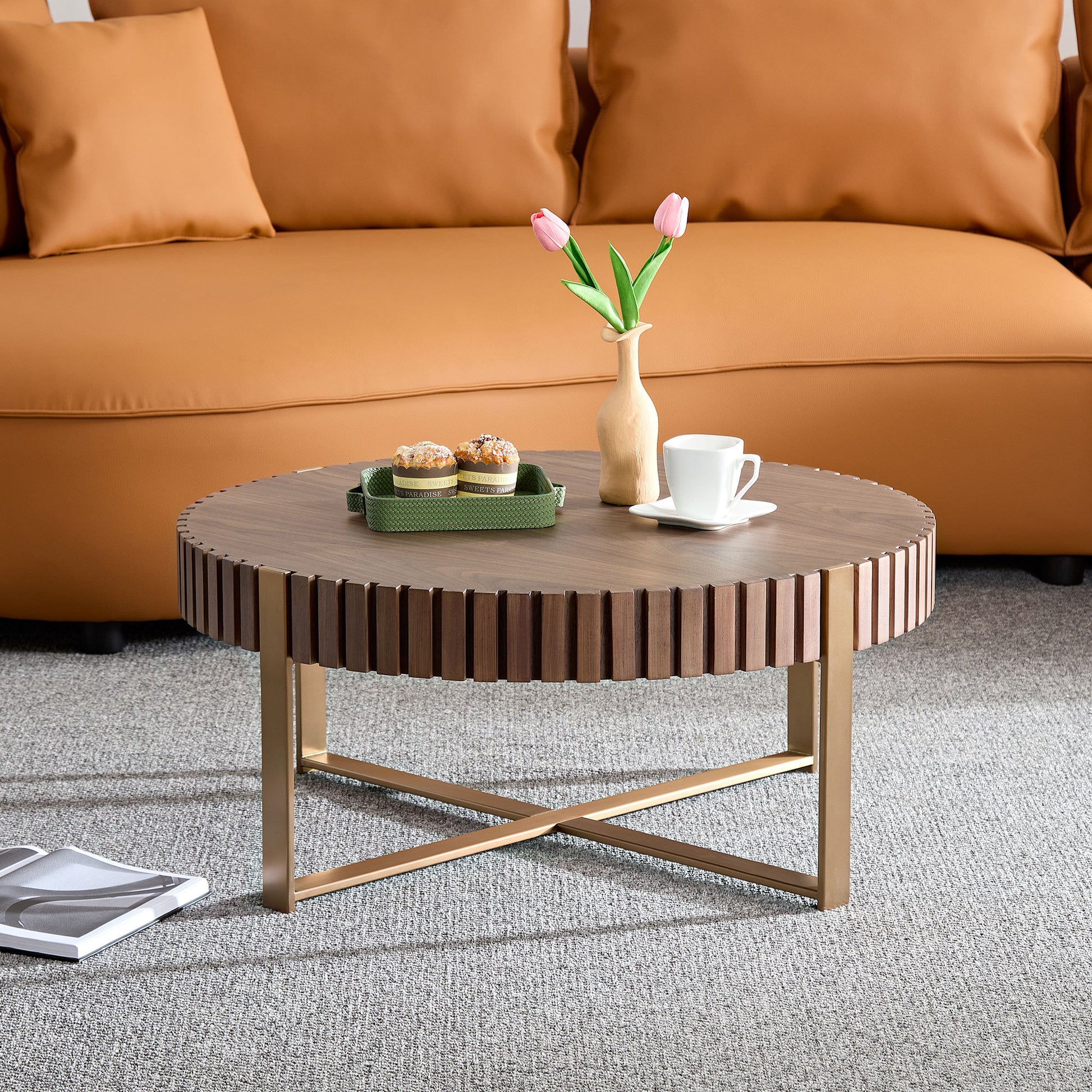 Modern Handcraft Drum Coffee Table 31.5 Inch Round Coffee Table For Living Room,Small Coffee Table With Sturdy Pedestal,Walnut Walnut Mdf Metal