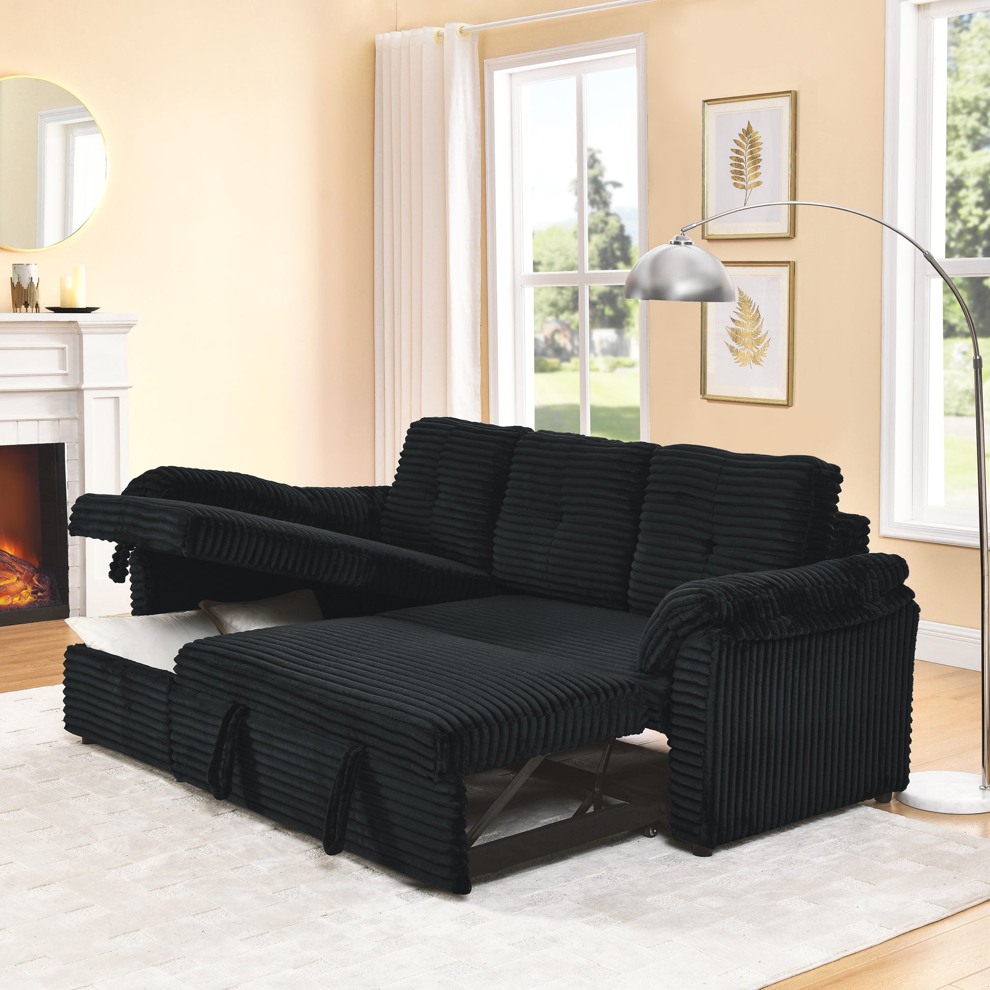 Corduroy Tufted Upholstered Sleeper Sectional Sofa, L Shaped Modular Convertible Sofa With Reversible Storage Chaise, Pull Out Sleep Couch Bed And Reclining Backrest Perfect For Living Space, Black Full Black Corduroy