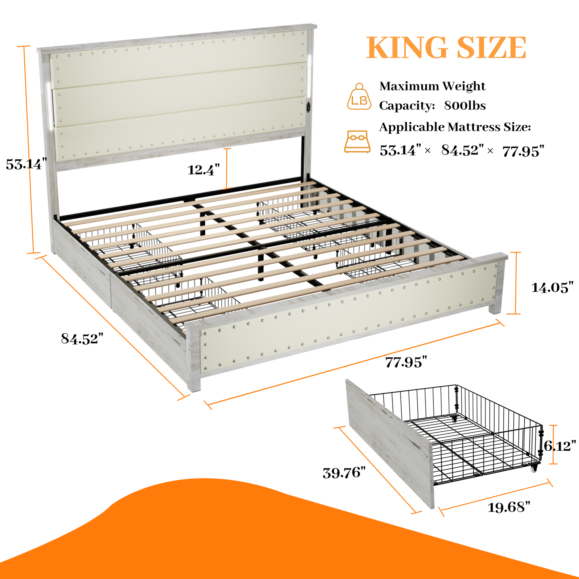 King Size Bed Frame With Upholstered Headboard And 4 Storage Drawersking Bed Frame With Charging Station And Led Lights, Wood Slats, Beige Faux Leather & Rivets, No Box Spring Needed Box Spring Not Required King Antique White Wood Bedroom Bed Frame Faux