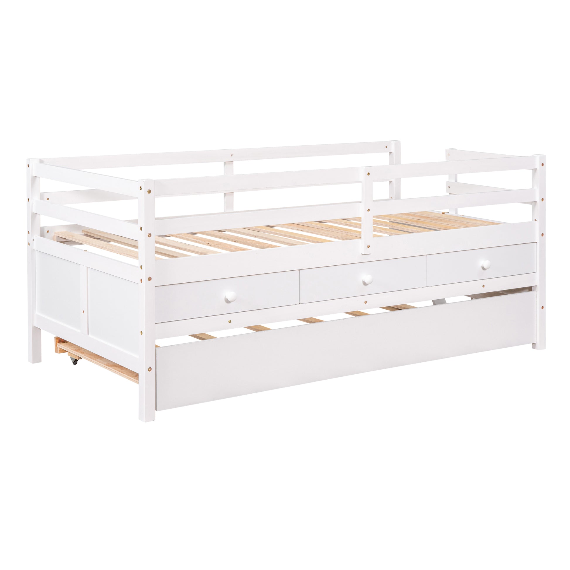 Low Loft Bed Twin Size With Full Safety Fence, Climbing Ladder, Storage Drawers And Trundle White Solid Wood Bed White Solid Wood
