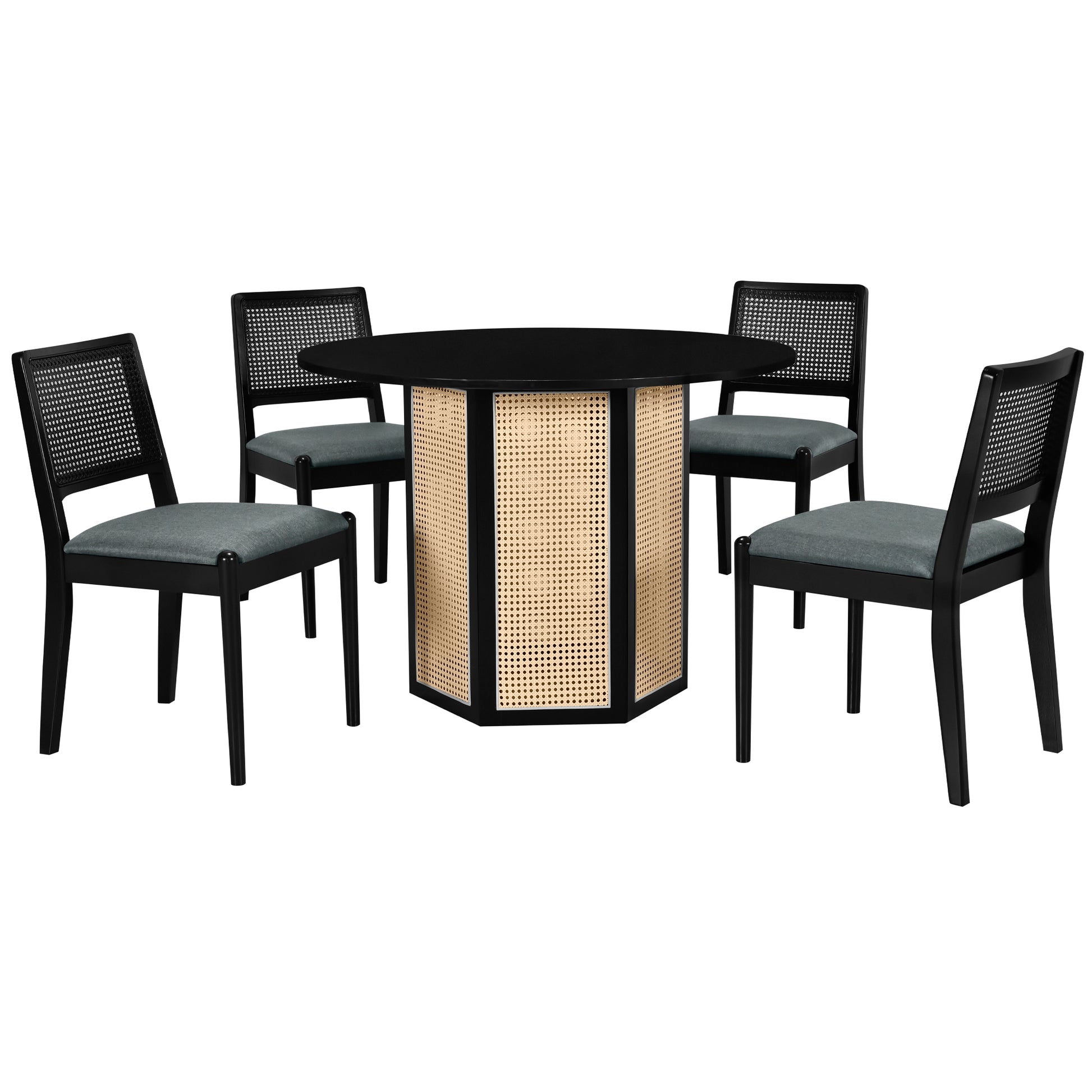 5 Piece Rattan Round Dining Table Set, Wood Table With Hexagonal Base And Upholstered Chairs For Dining Room, Kitchen,Indoor Use, Black Gray Wood Dining Room Solid Wood Rubberwood Round Dining Table With Chair Wood Wood Black Seats 4 Traditional Round