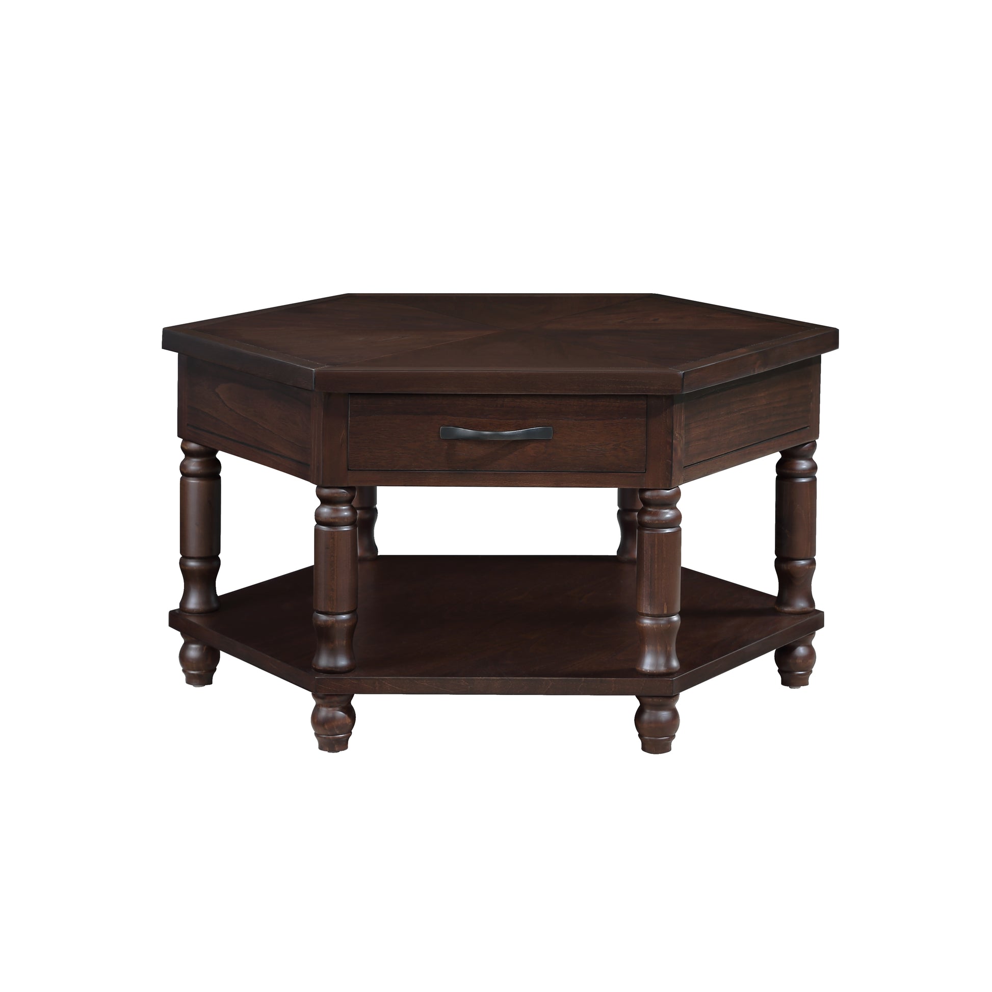 2 Tier Retro Hexagon Living Room Solid Wood Coffee Table With Shelf & Drawer, 36'' Mid Century Center Coffee Table For Living Room, Office. Light Espresso Light Espresso Pine