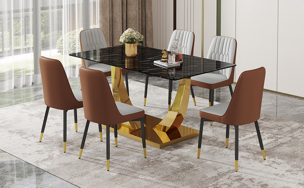 Table And Chair Set.Modern Rectangular Dining Table With Black Textured Stickers Glass Tabletop And Gold Plated Metal Legs.Paried With 6 Comfortable Chairs With Pu Seats And Black Metal Legs. Black Gold,Brown,Light Gray Seats 6 Glass Metal