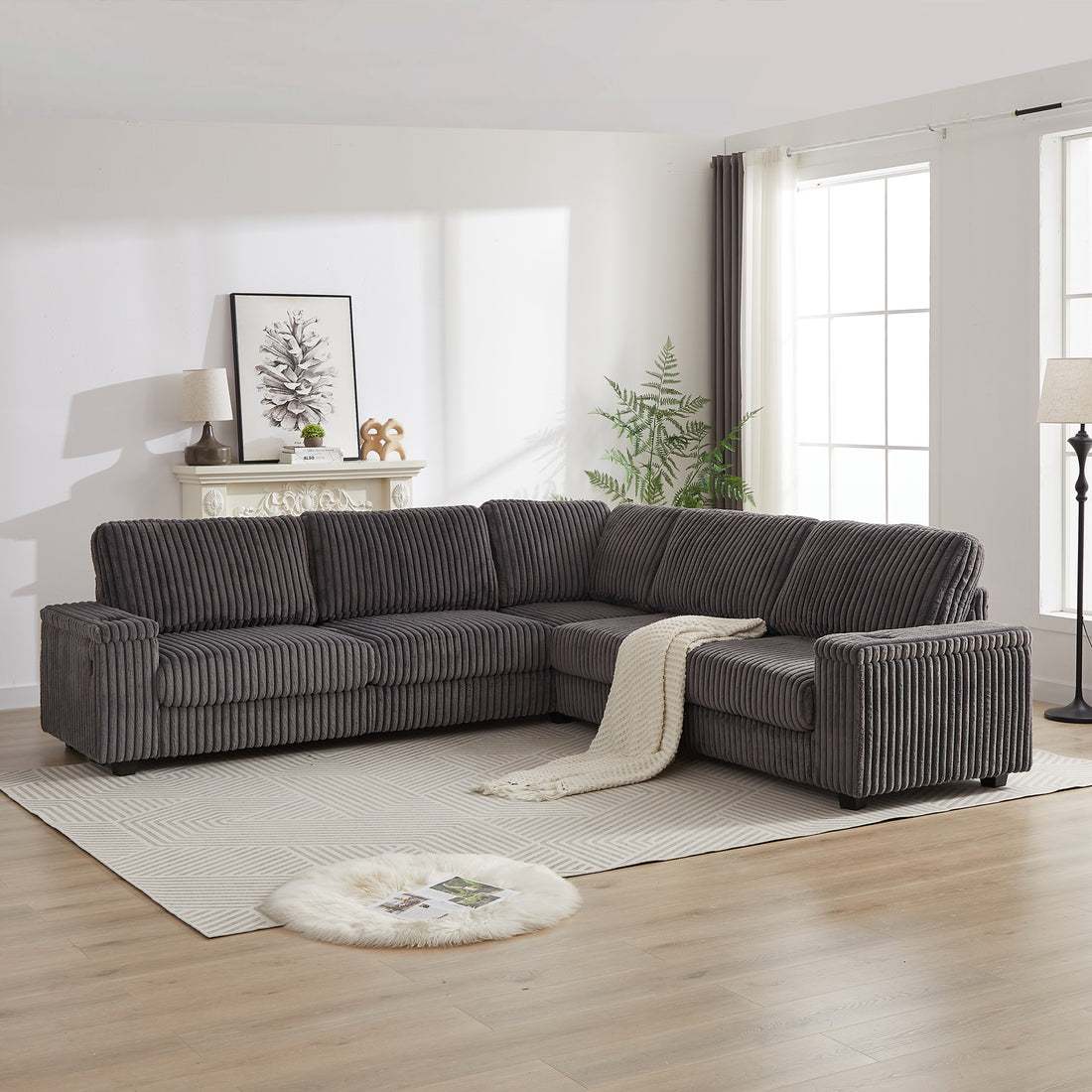 110 Inch Oversized Corduroy Corner Sofa,L Shaped Corner Couch With Two Storage Spaces,Usb Port & T Pyce Port And Cup Holderdeep Seat Comfy Upholstered Couches For Living Room Not Freely Combinable Dark Grey Corduroy 5 Seat