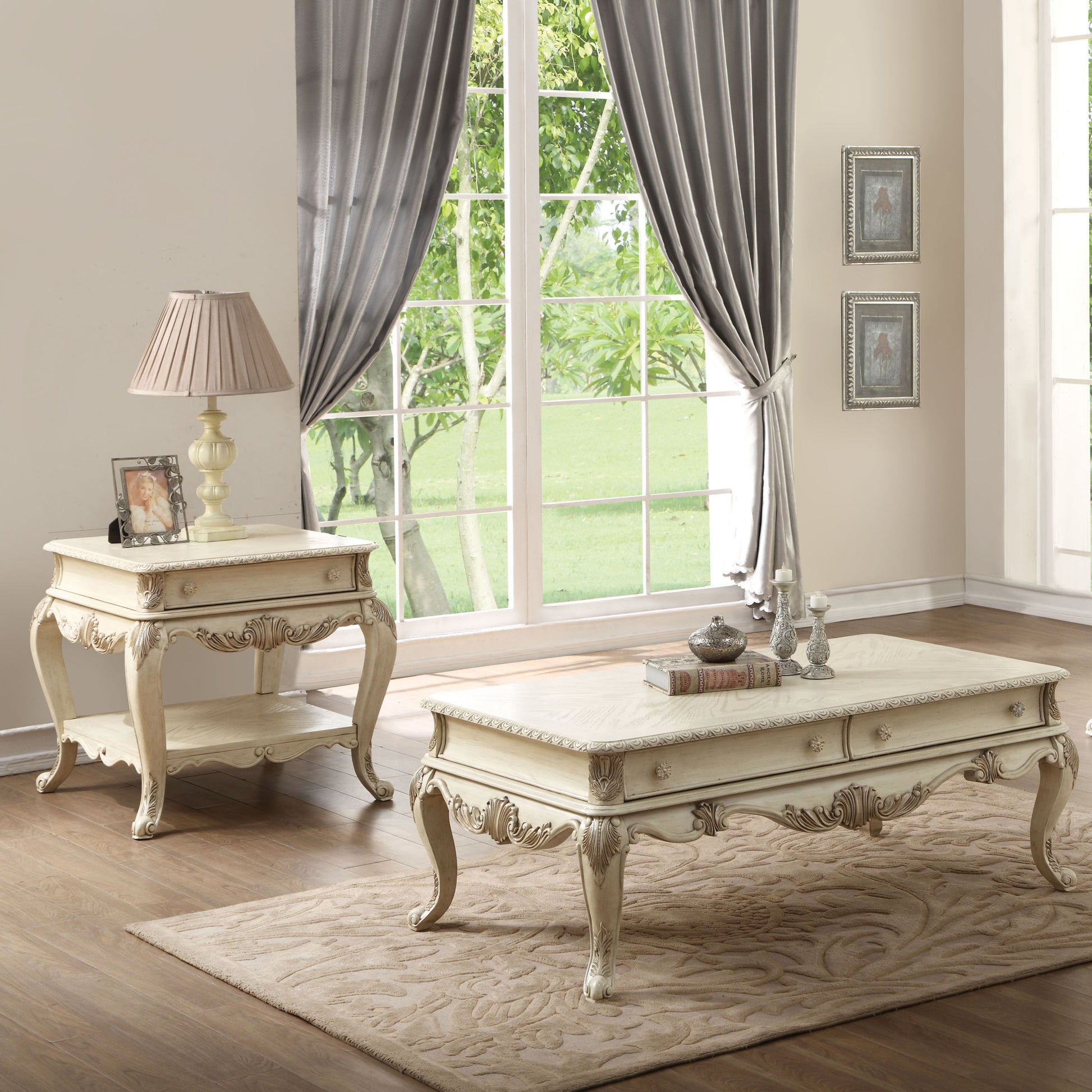 Antique White End Table With Bottom Shelf White Primary Living Space Drawers Rectangular Mdf